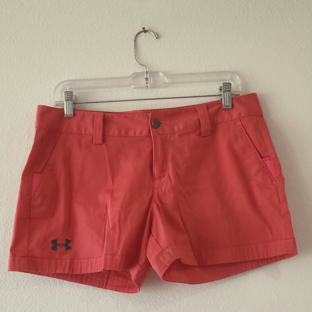 Under Armour Coral Pink shorts, Sz. 8, Cotton Blend, Low rise, Back Pocket, EUC